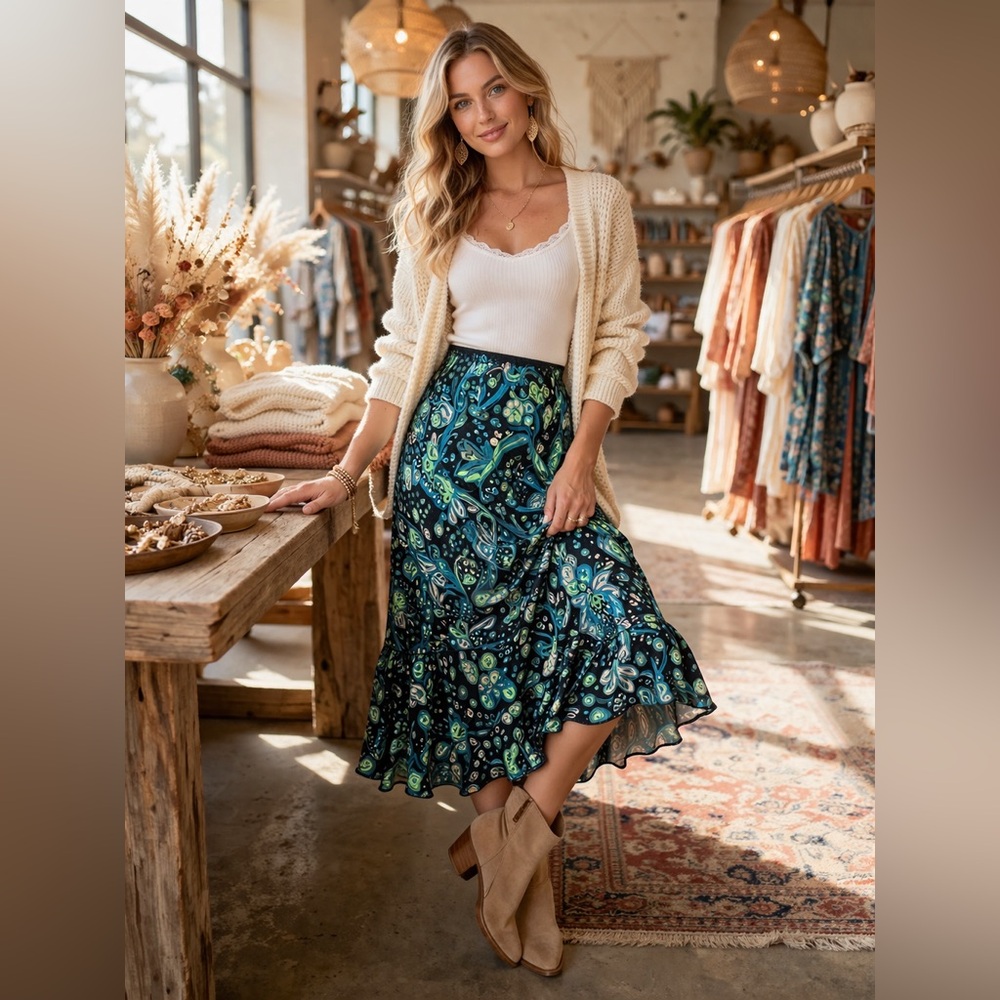 Loco Lindo Black Teal Floral Midi Skirt Ruffle Hem Boho Tiered  Size Small